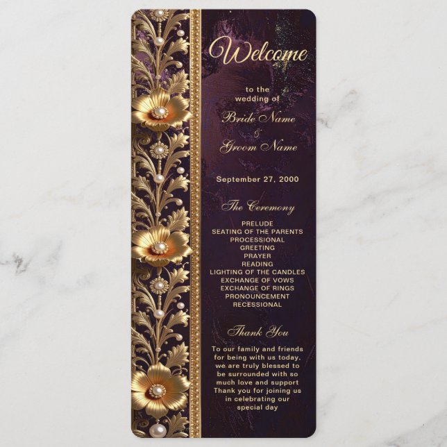 Programme de Mariage Ornement Floral Doré avec Per (Devant)