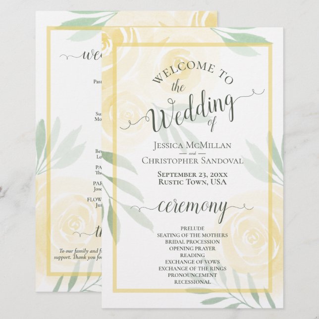 Programme de mariage pas cher Butter Yellow & Sage (Devant / Derrière)