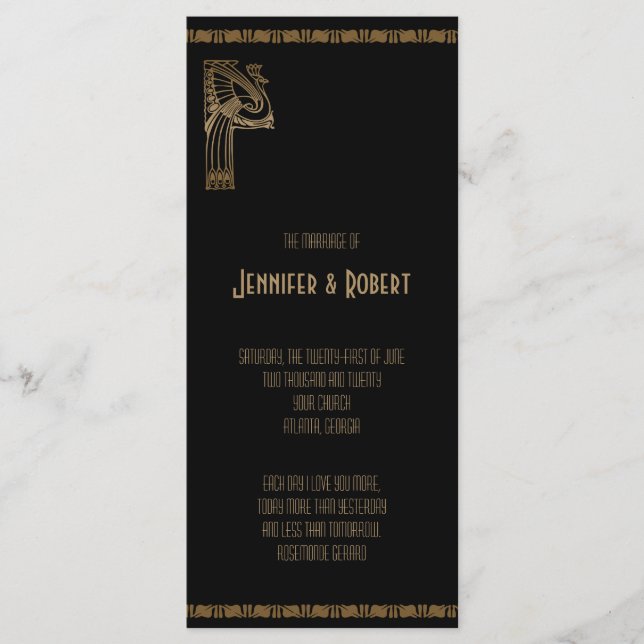 Programme de mariage Peacock Art Déco Noir et Or (Devant)