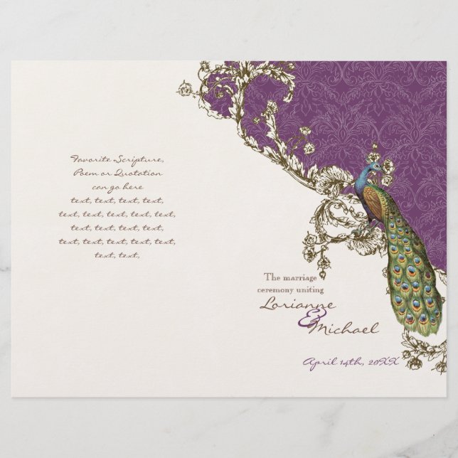 Programme de mariage Peacock & Etchings vintage (Devant)