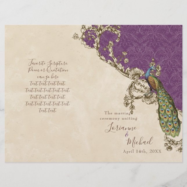 Programme de mariage Peacock & Etchings vintage (Devant)