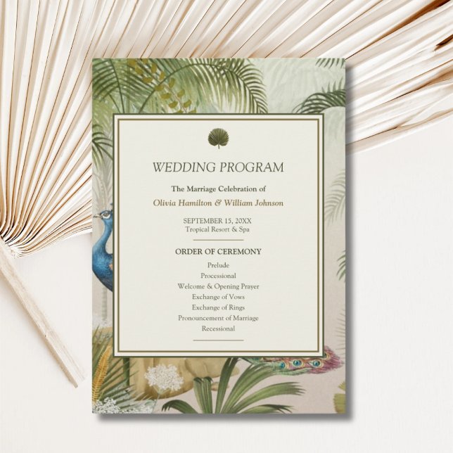 Programme de mariage Peacock Palm (Peacock Palm wedding program with personalized ceremony order, couple’s names and wedding date)