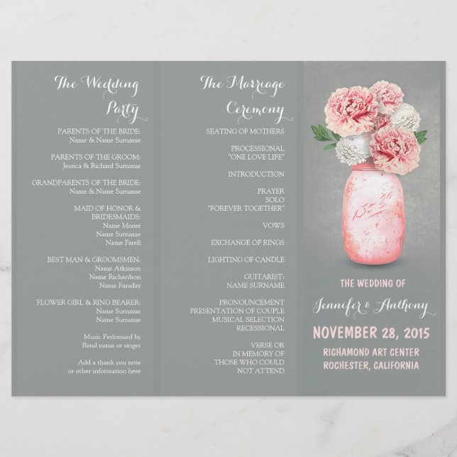 Programme de mariage peint en mason bocal rose gri (Devant)
