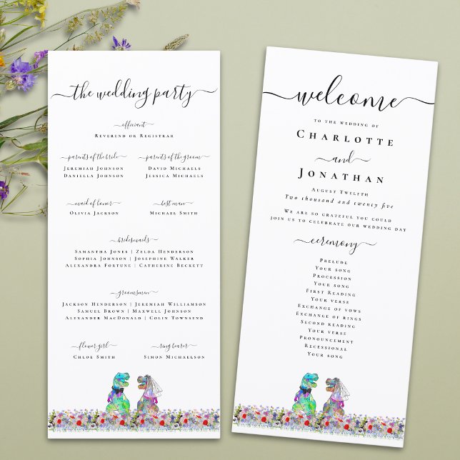 Programme de mariage personnalisé Dinosaur Bride & (Colorful T-Rex bride and groom funny dinosaur wedding ceremony program card Wildflower meadow)