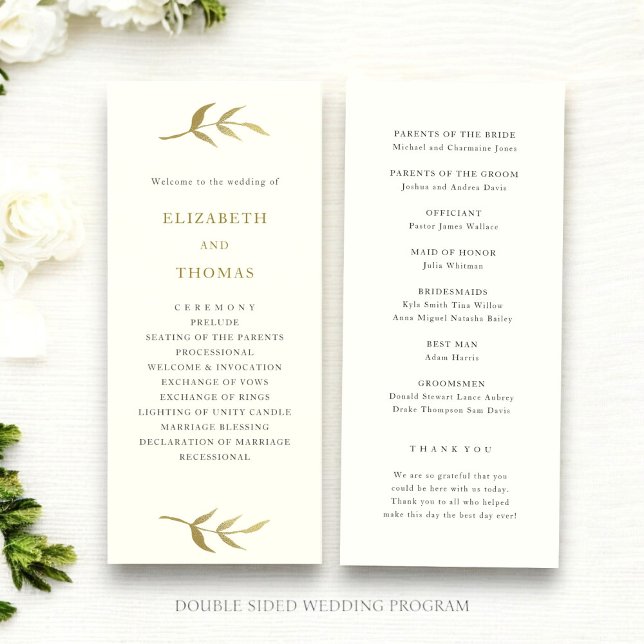 programme de mariage personnalisé ivoire et or (modern elegant ivory and gold double sided wedding program  template thats easy to customize )