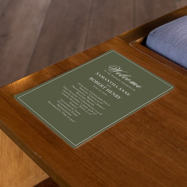 Programme de mariage personnalisé Olive Green Scri (Elegant olive green wedding ceremony program.)