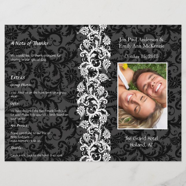 Programme de mariage photo noir gris & damas rouge (Devant)