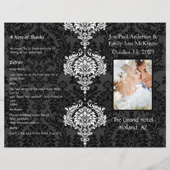 Programme de mariage photo noir gris et blanc dama (Devant)