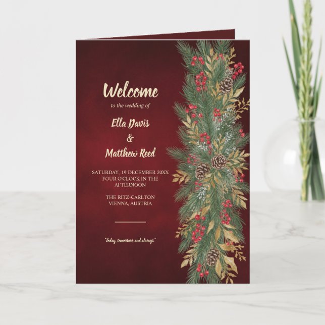Programme de mariage plié botanique de Noël élégan (Devant)