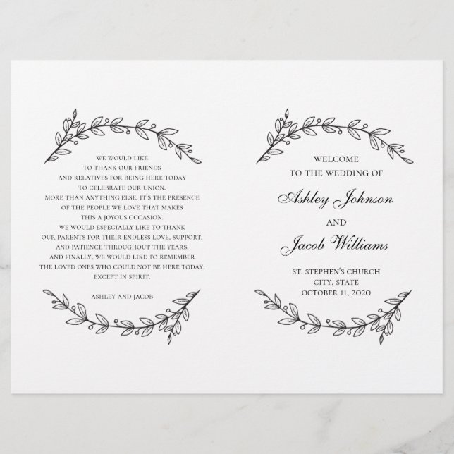 Programme de mariage plié. Botanique noir et blanc (Devant)