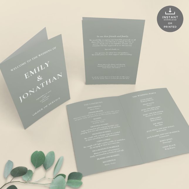 Programme de mariage plié de l'église Sage imprima (Views of front and back and inside)
