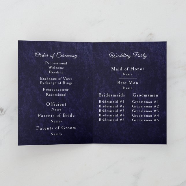 Programme de mariage plié en velours bleu marine b (Intérieur)