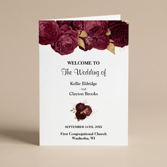 Programme de mariage plié floral bordeaux et or (Créateur téléchargé)