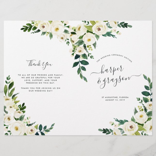 Programme de mariage plié floral en albâtre (Devant)