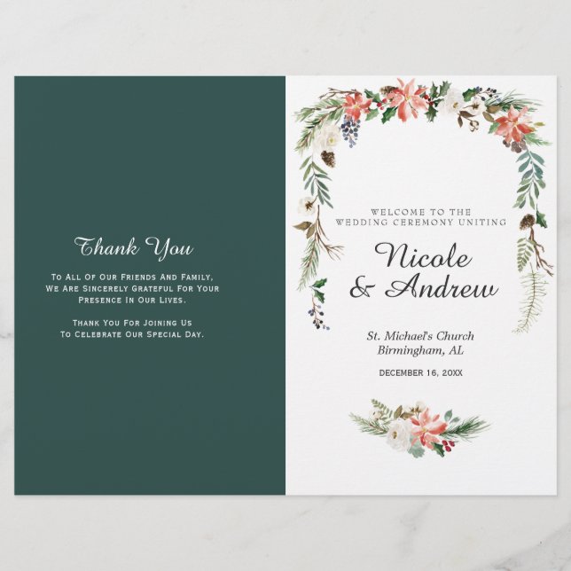 Programme de mariage plié floral hivernal rustique (Devant)