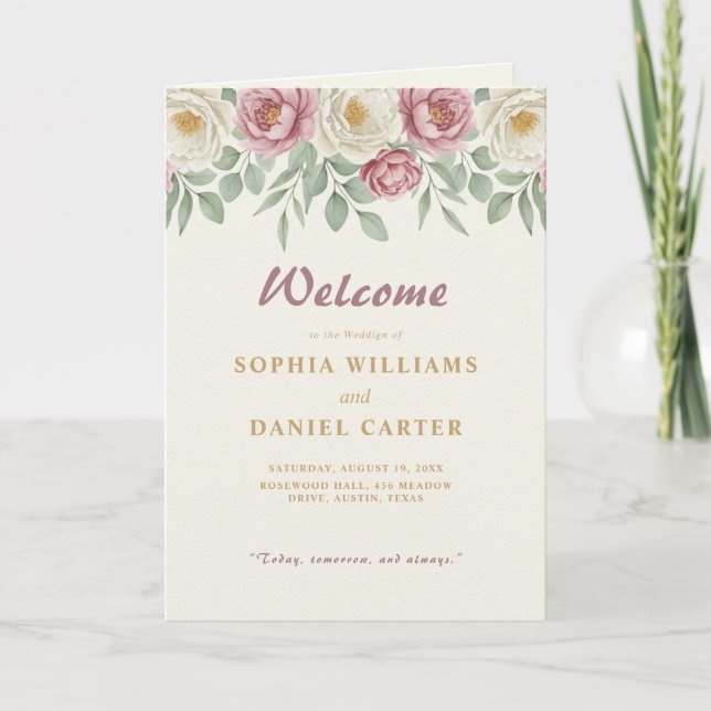 Programme de mariage plié floral Pivoine Rose Pous (Devant)
