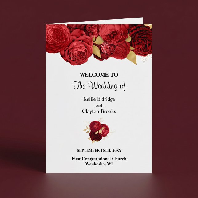 Programme de mariage plié floral rouge et or (Créateur téléchargé)