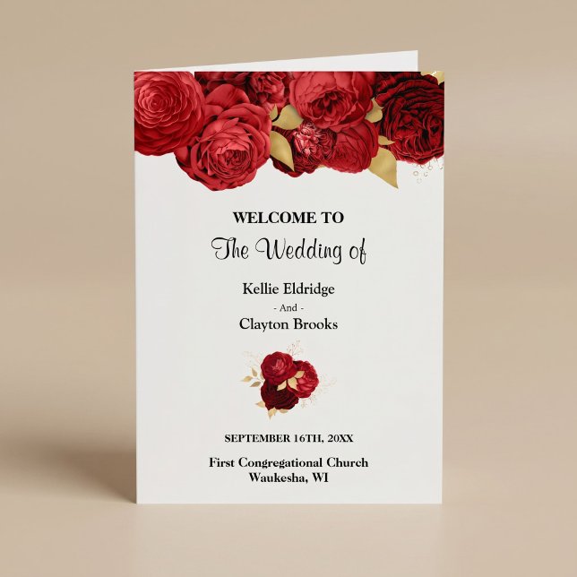 Programme de mariage plié floral rouge et or (Créateur téléchargé)