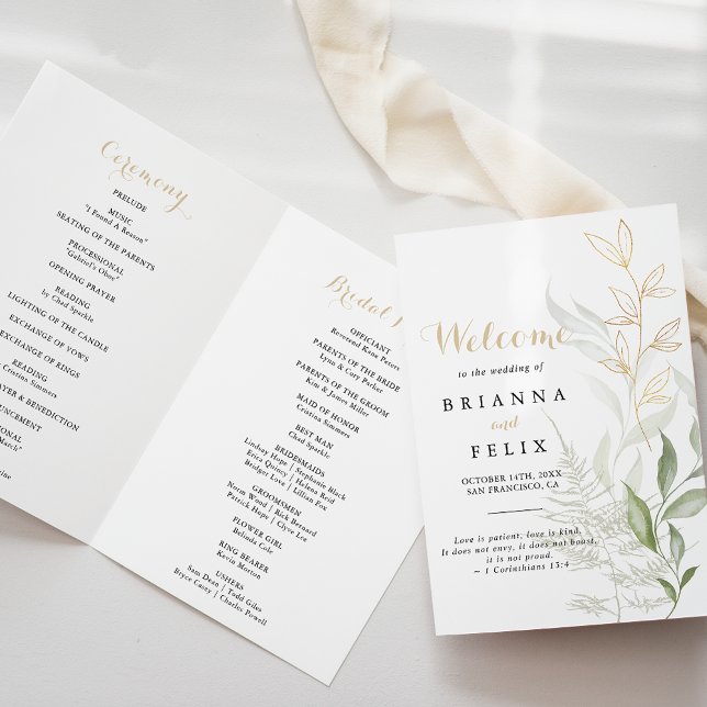 Programme de mariage plié Gold Green Foliage (Créateur téléchargé)