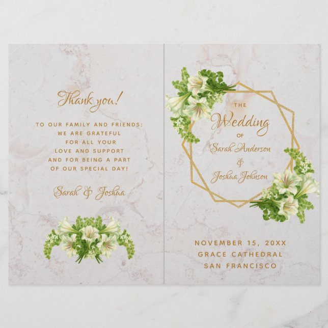 Programme de mariage plié - Lys blancs en marbre o (Devant)