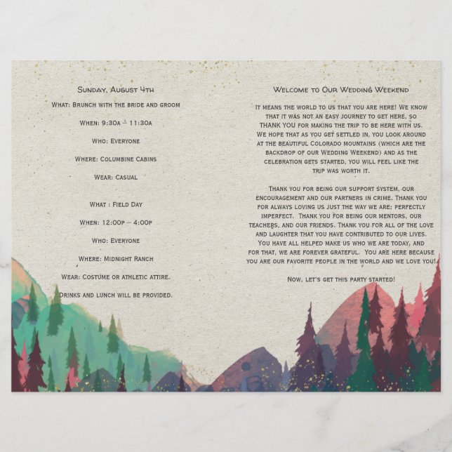 Programme de mariage plié pour mariage en camping (Devant)