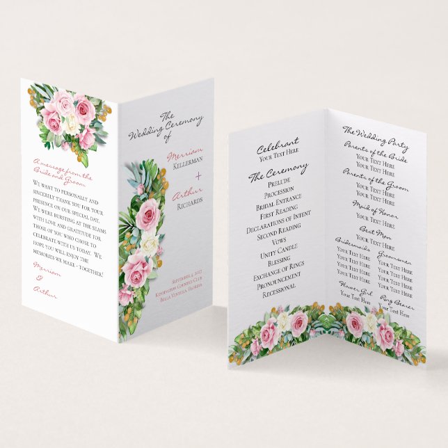 Programme de mariage plié Roses roses (Inside and Outside)