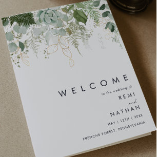 Programme de mariage plié vert et feuille d'or