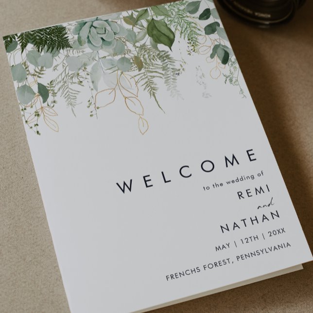 Programme de mariage plié vert et feuille d'or (Créateur téléchargé)