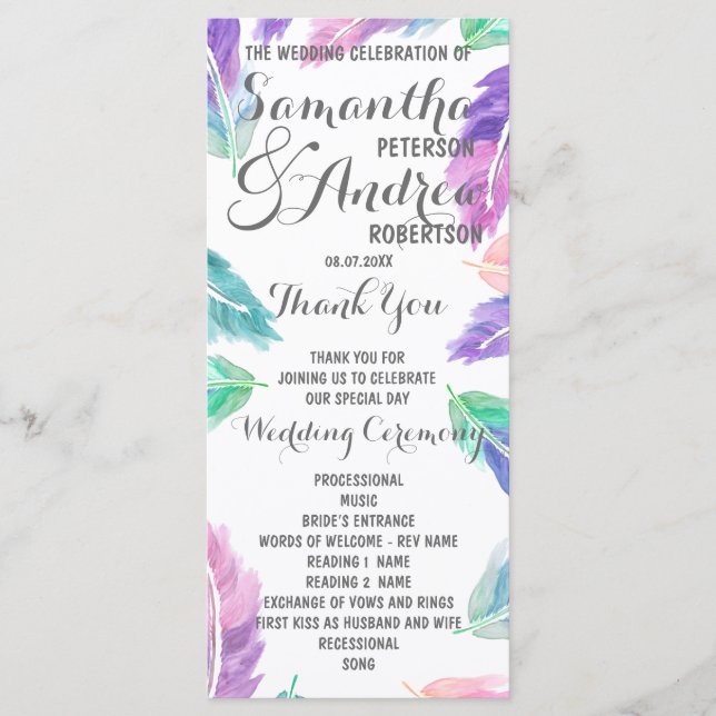 Programme de mariage pour plumes d'aquarelle peint (Devant)