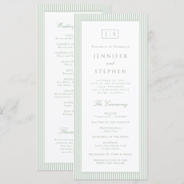 Programme de mariage rayé vert sauge (Devant / Derrière)