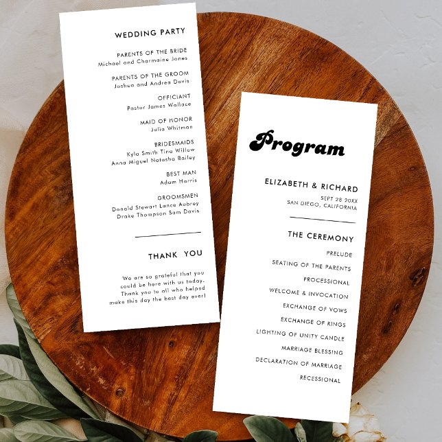 Programme de mariage rétro élégant noir et blanc (Stylish retro black and white wedding program adds timeless charm while guiding your ceremony flow)