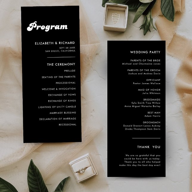 Programme de mariage rétro élégant noir et blanc (Stylish retro black and white wedding program adds charm while guiding your ceremony)