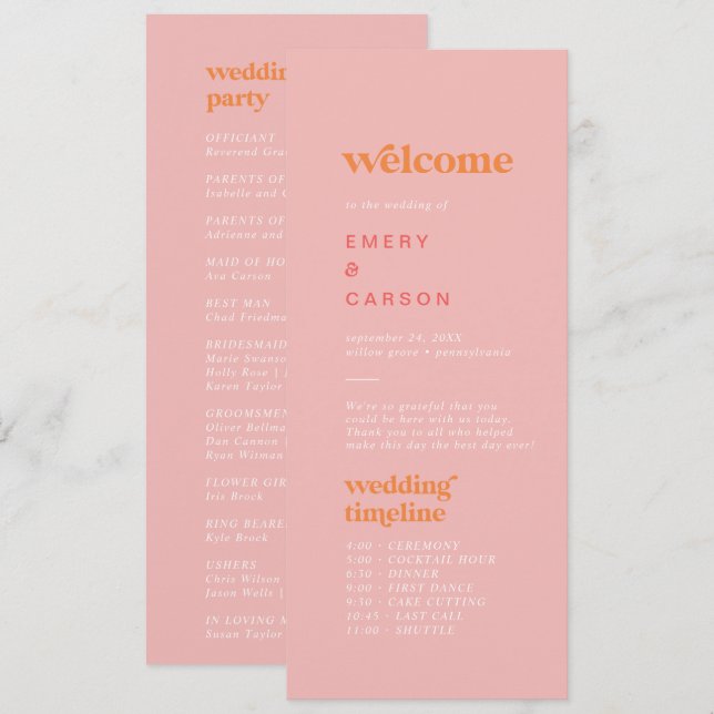 Programme de mariage rétro été rose orange chronol (Devant / Derrière)