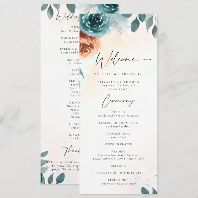 Programme de mariage romantique automnal sarcelle  (Devant / Derrière)
