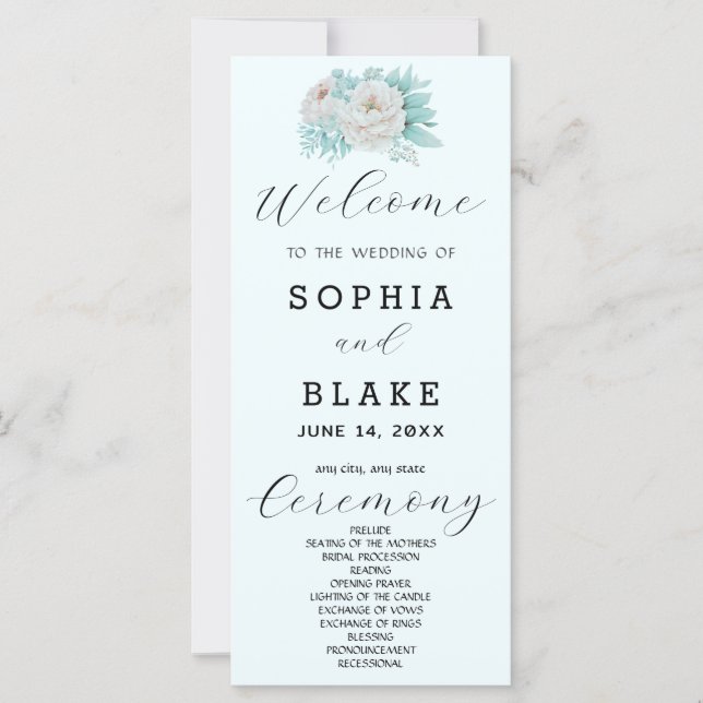 Programme de mariage romantique blanc floral bleu  (Devant)