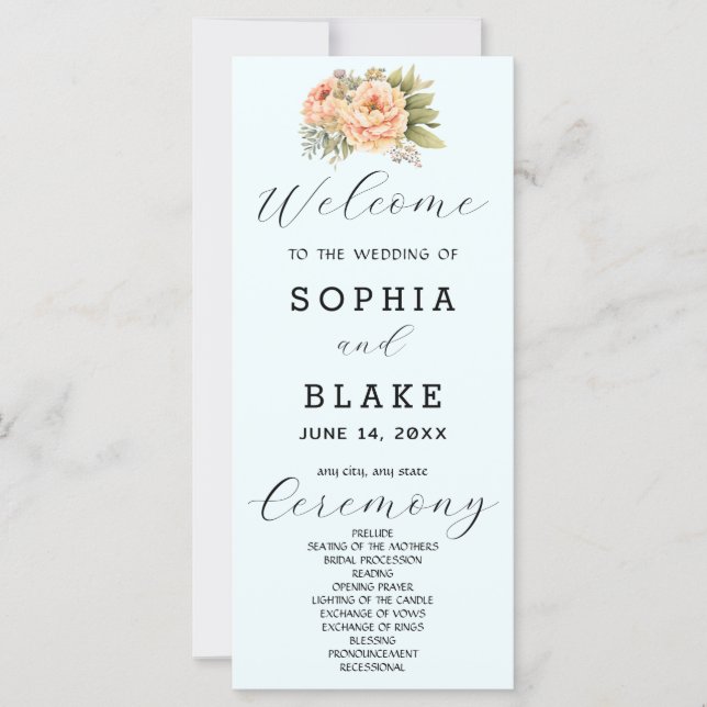 Programme de mariage romantique blanc floral bleu  (Devant)