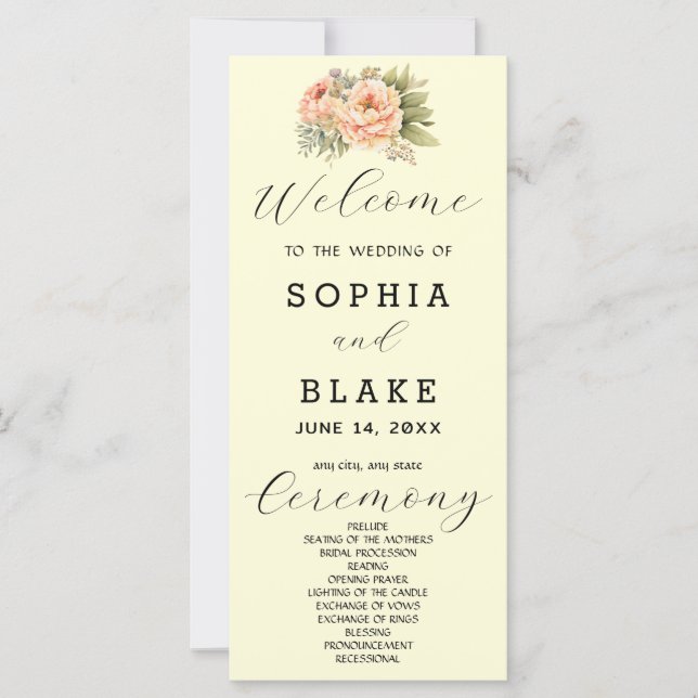 Programme de mariage romantique blanc floral jaune (Devant)