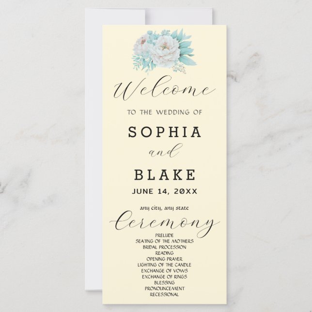Programme de mariage romantique blanc floral jaune (Devant)