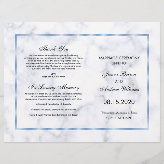 Programme de mariage romantique en marbre bleu (Devant)