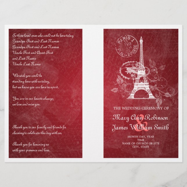 Programme de mariage Romantique Paris Rouge (Devant)