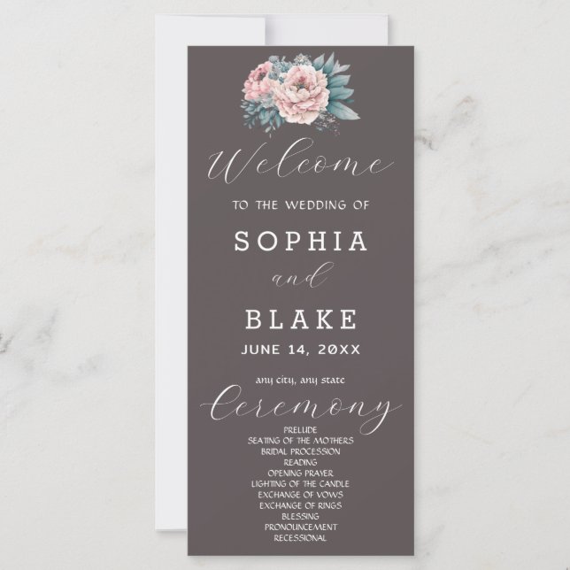 Programme de mariage romantique rose floral gris c (Devant)