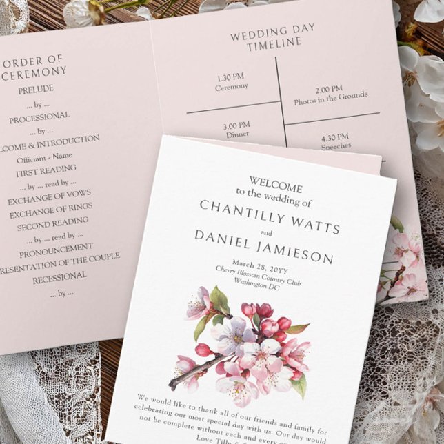 Programme de mariage rose et blanc aux fleurs de c (Folded Wedding Program Card from the Cherry Blossom Wedding Collection by Darling & May)