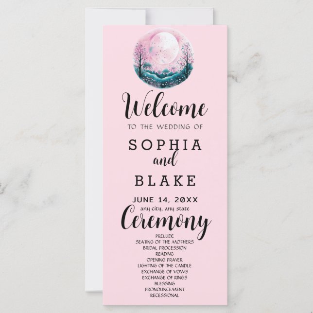 Programme de mariage rose et blanc Boho pleine lun (Devant)