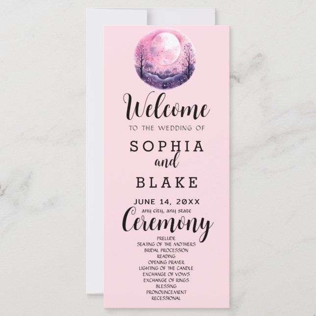 Programme de mariage rose et blanc Boho pleine lun (Devant)