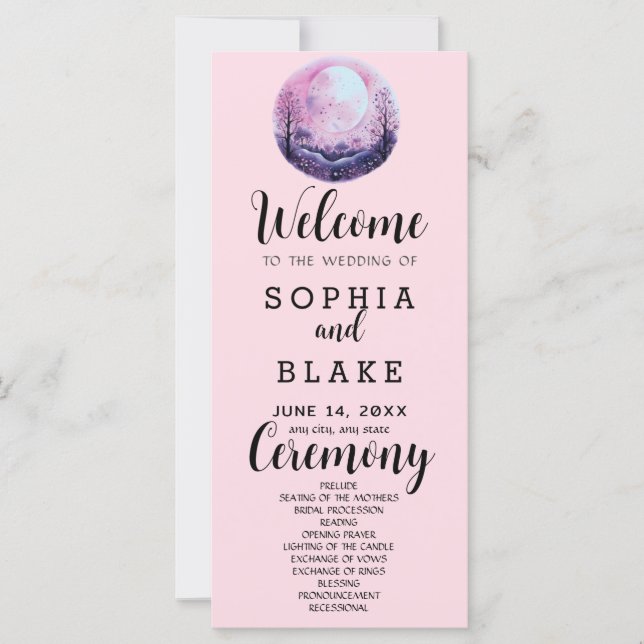 Programme de mariage rose et blanc Boho pleine lun (Devant)