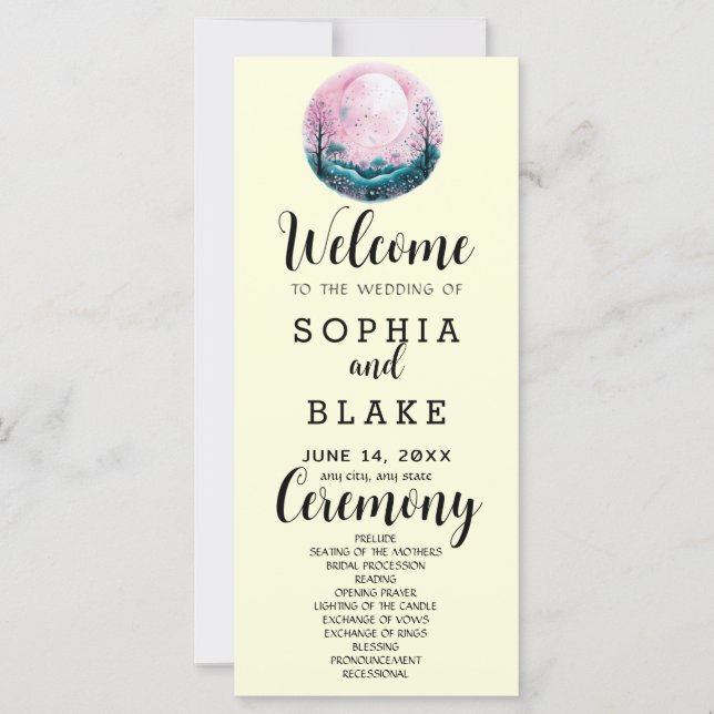 Programme de mariage rose et blanc Boho pleine lun (Devant)
