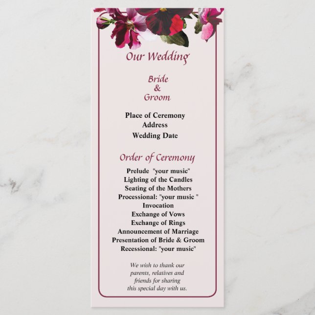 Programme de mariage rose et Magenta Pansies (Devant)