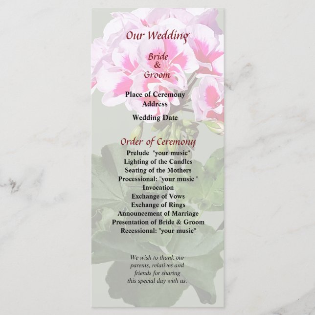 Programme de mariage rose et rouge de géranium (Devant)
