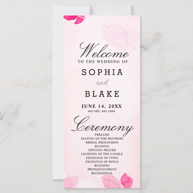 Programme de mariage rose et verdure Roses roses (Devant)