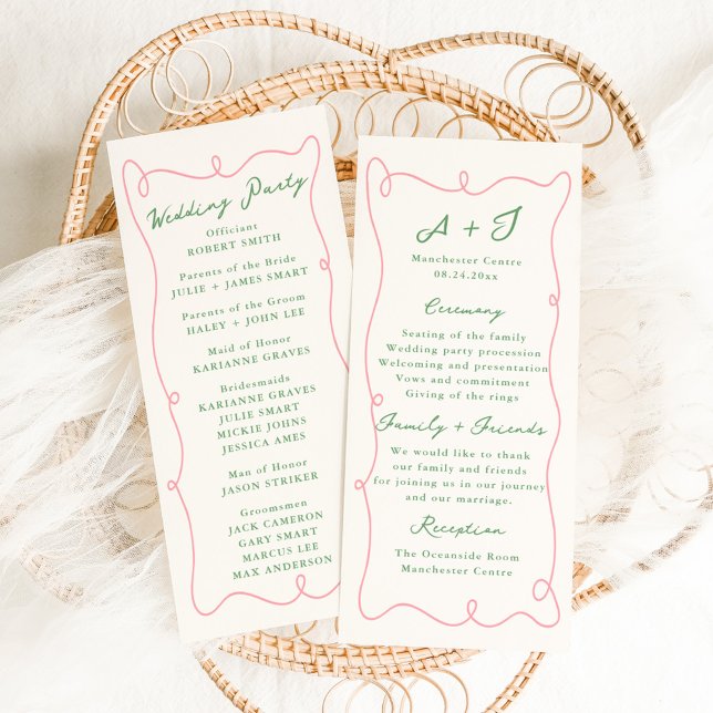 Programme de mariage rose et vert dessiné à la mai (Créateur téléchargé)